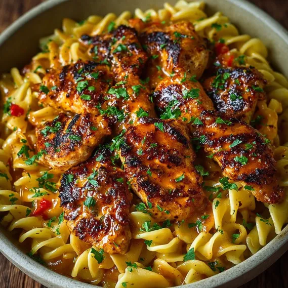A bowl of spicy chicken and pasta.