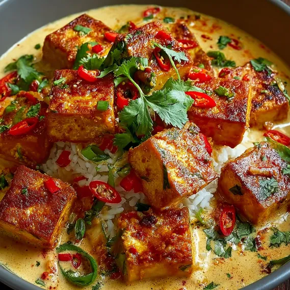 A bowl of spicy tofu in creamy coconut sauce.