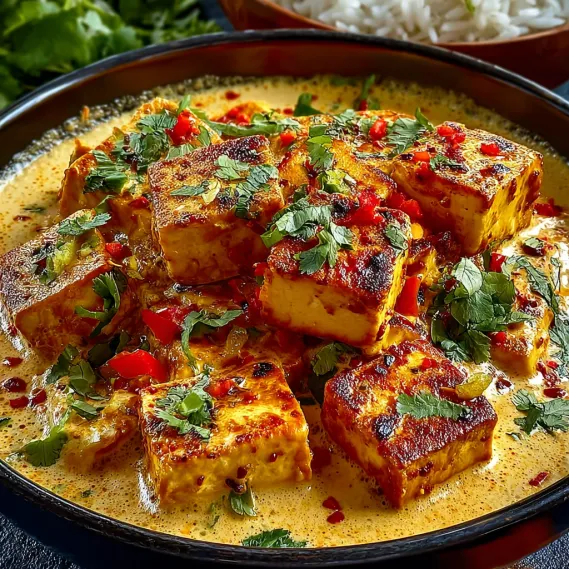 A dish of spicy tofu in creamy coconut sauce.