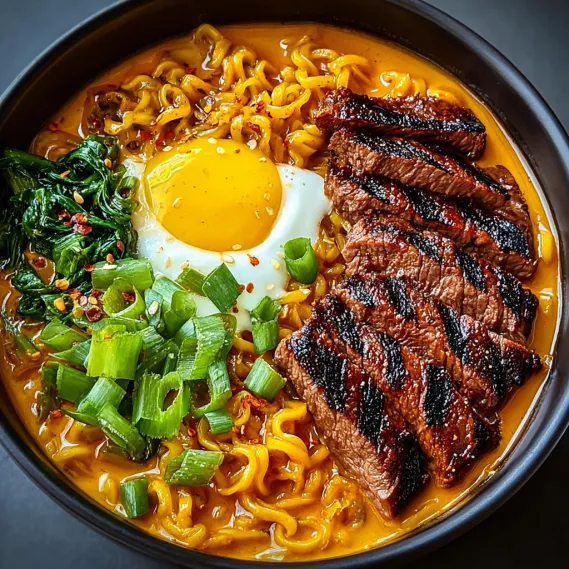 A bowl of spicy Korean ramen with grilled beef and creamy sauce.