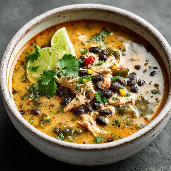 A bowl of soup with a spoon in it.