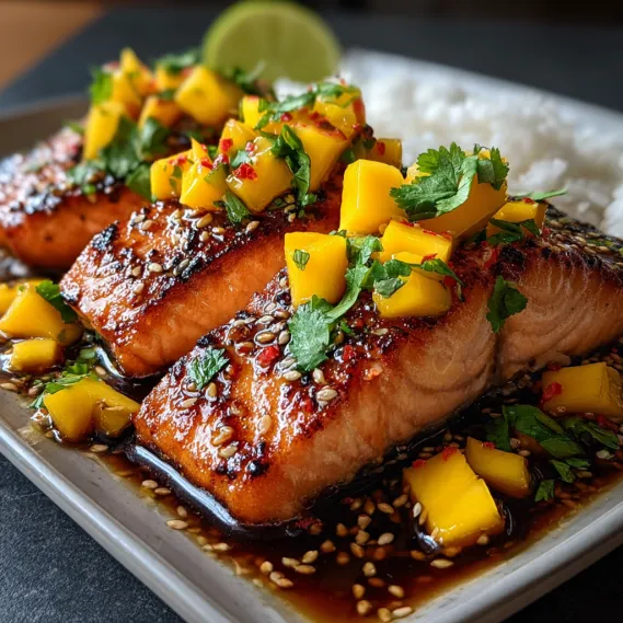 A plate of salmon with mango teriyaki sauce.