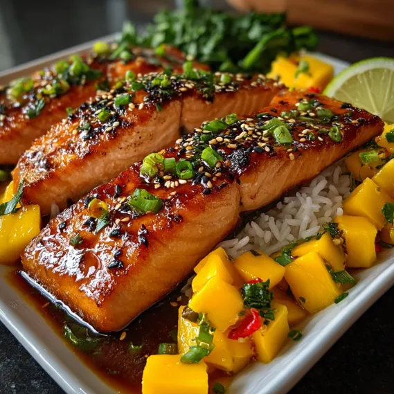 A plate of food with salmon and mango.