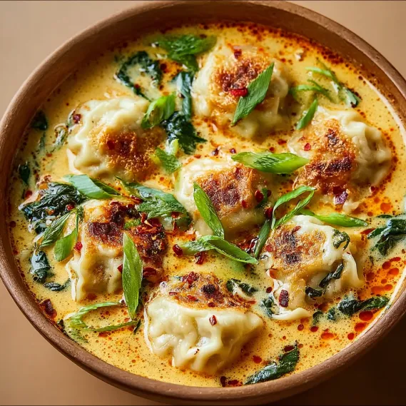 A bowl of soup with dumplings and greens.