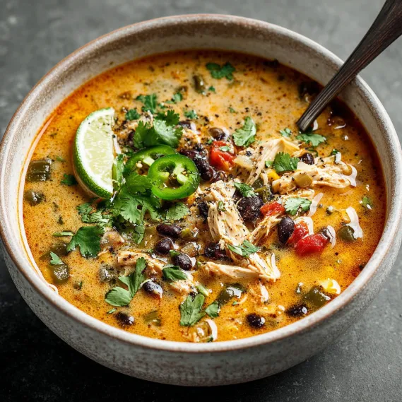 A bowl of soup with a spoon in it.