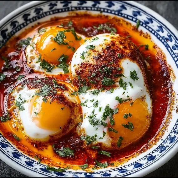 A bowl of eggs with a red sauce.