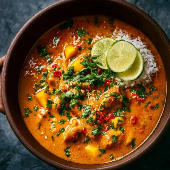 A bowl of mango chicken curry with lime wedges on top.
