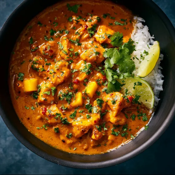 A bowl of mango chicken curry with rice and lime.