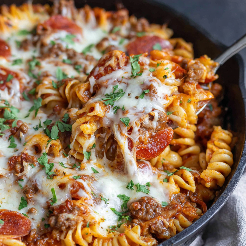 A close up of a meat lover pizza casserole.