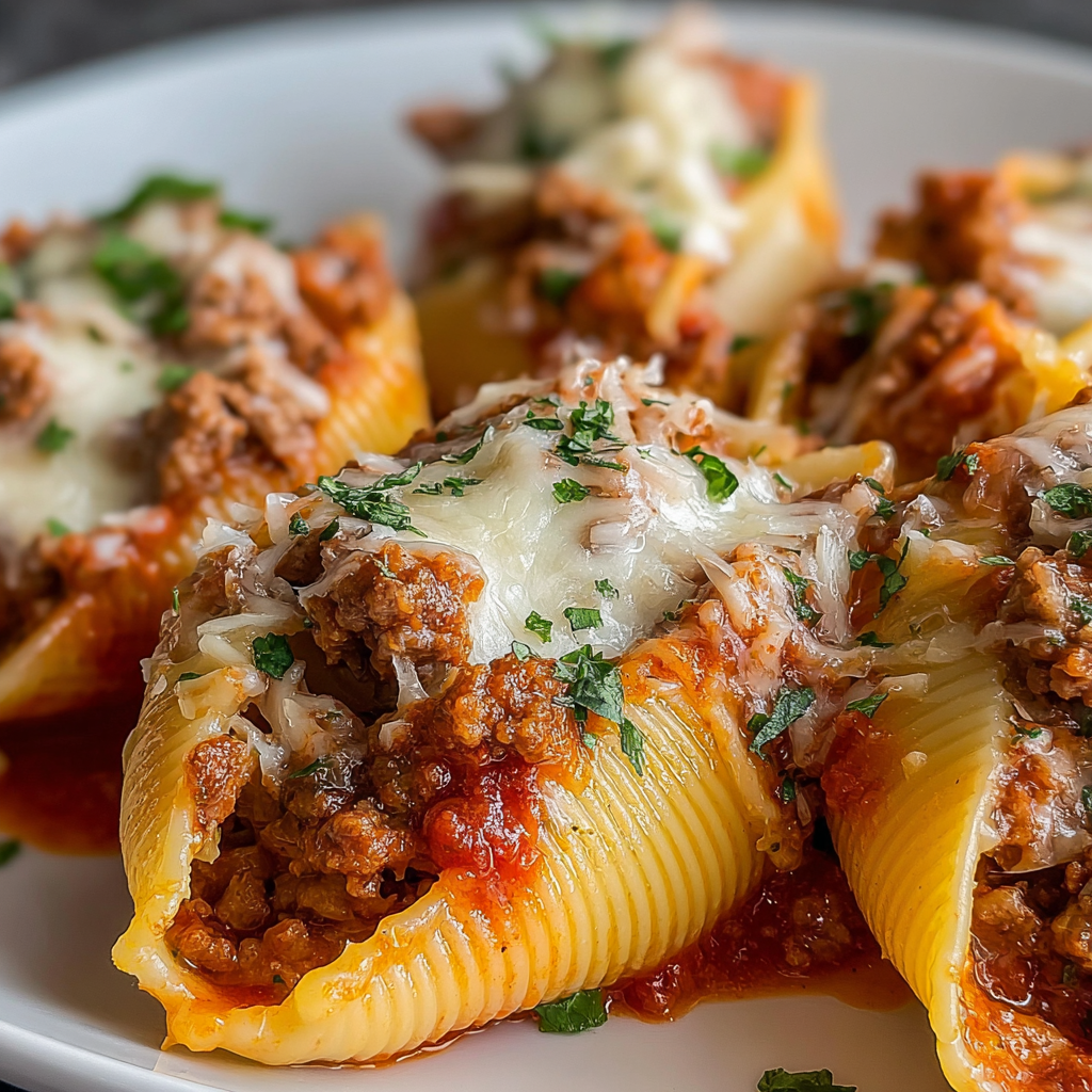 A plate of stuffed shells with meat.