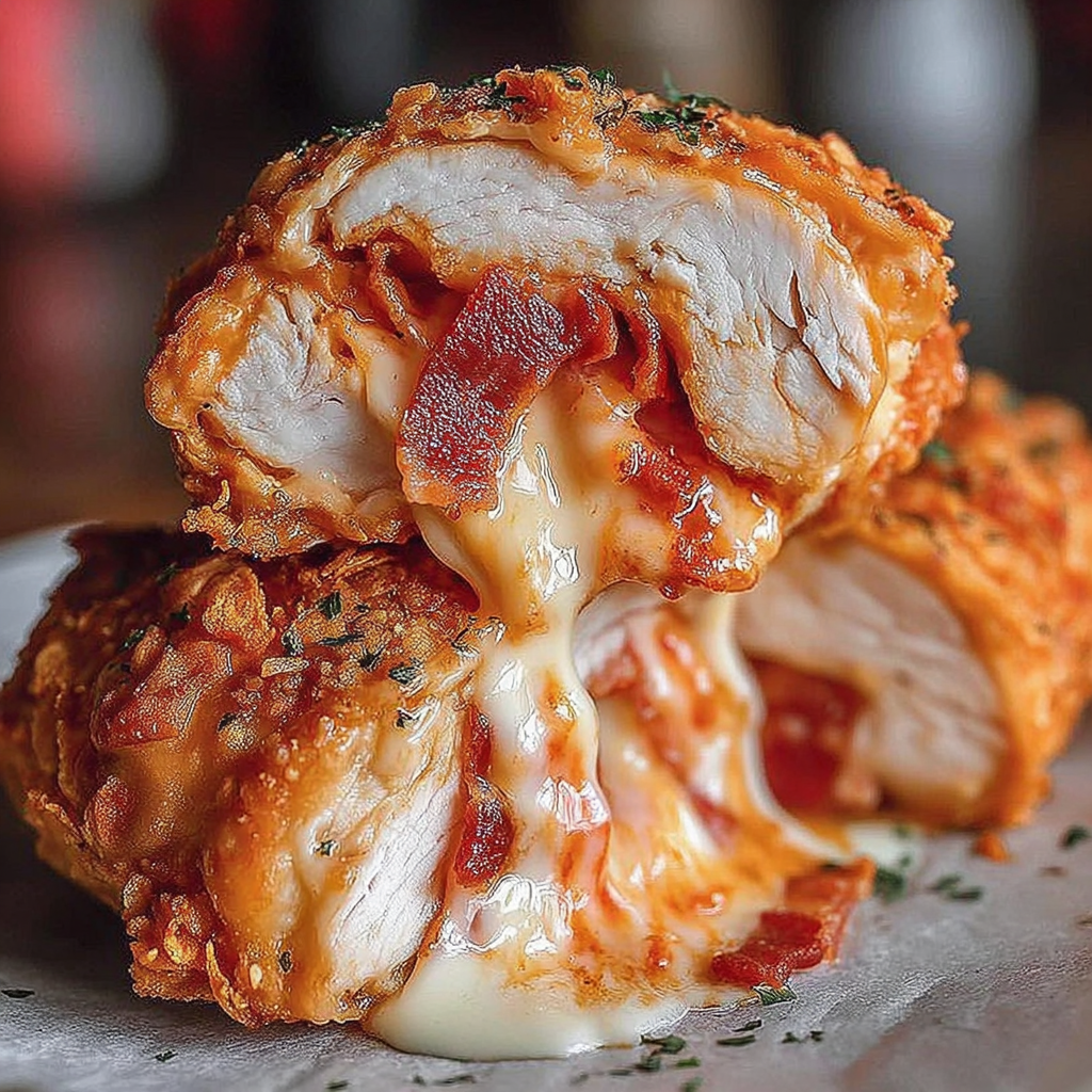 A plate of chicken with cheese and bacon on top.