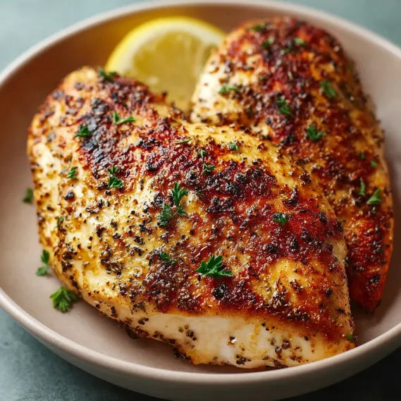 A plate of chicken with a lemon wedge on top.