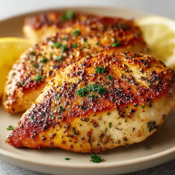 A plate of chicken with a lemon wedge on top.