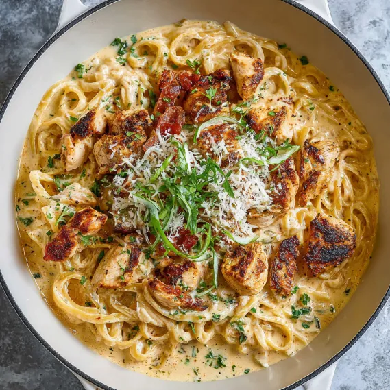 A bowl of creamy cajun chicken pasta.