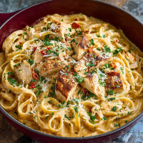 A dish of creamy cajun chicken pasta.