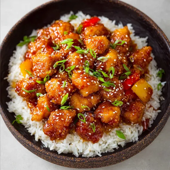 A bowl of chicken with rice and vegetables.