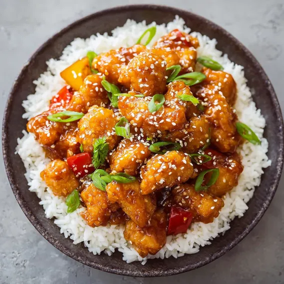 A bowl of chicken with rice and vegetables.