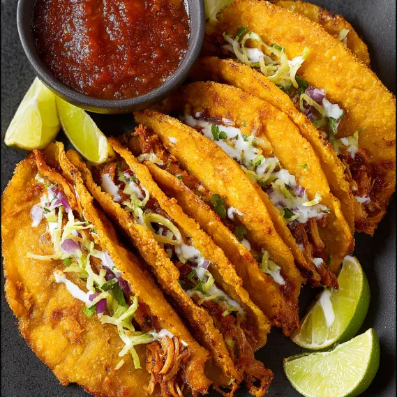 A plate of food with a bowl of sauce and a plate of tacos.