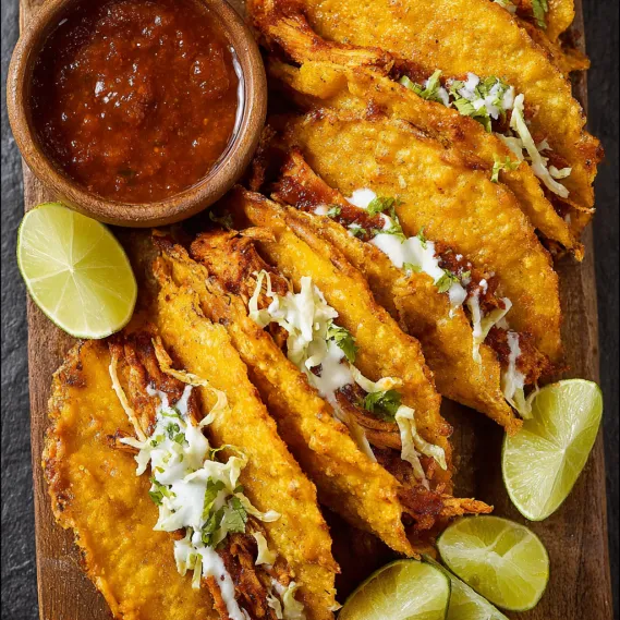 A plate of food with a bowl of sauce and a plate of tacos.