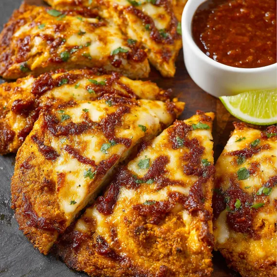 A slice of pizza chicken with sauce.