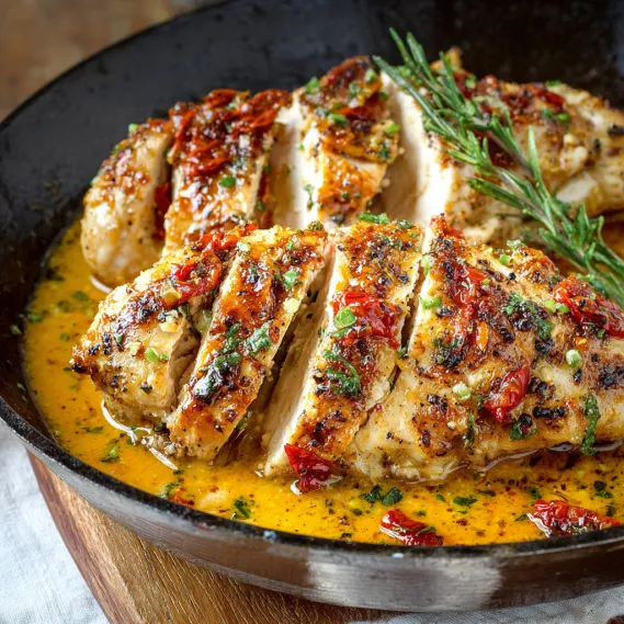 A pan of chicken with sauce and herbs.