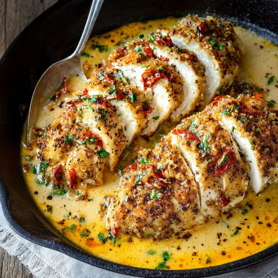 A plate of chicken with a fork on it.