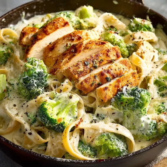 A bowl of chicken and broccoli alfredo.