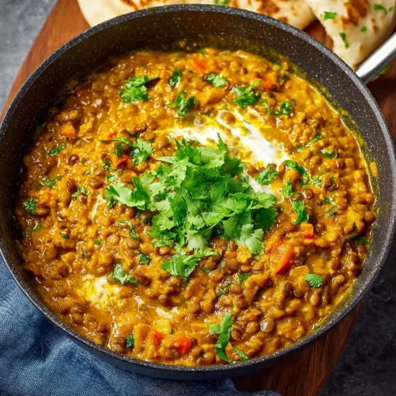 A bowl of lentil curry with a spoon in it.