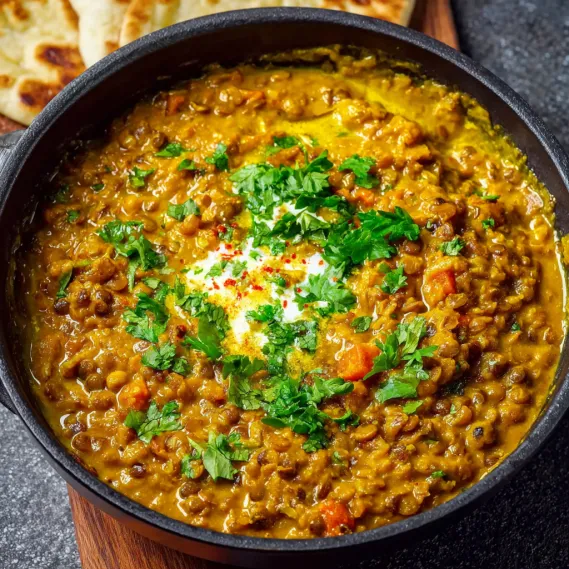 A bowl of lentil curry with a spoon in it.