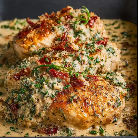 A dish of creamy baked Tuscan chicken.