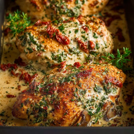 A dish of baked chicken with a creamy sauce.