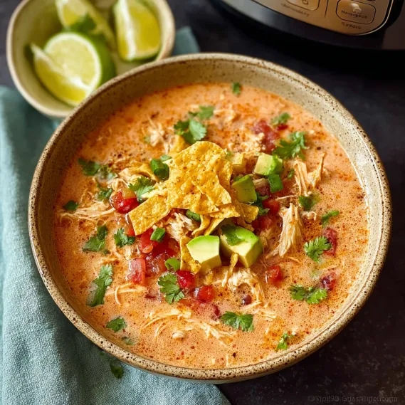 A bowl of soup with chicken, avocado, and tortilla chips.
