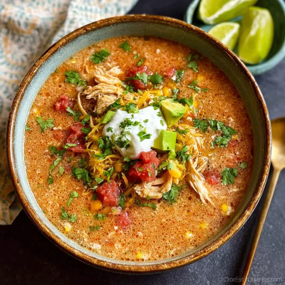 A bowl of soup with chicken, corn, and avocado.