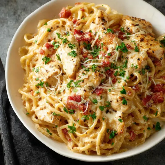 A bowl of chicken spaghetti.