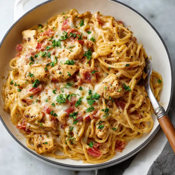 A bowl of chicken spaghetti.