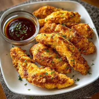 A plate of chicken tenders with a dipping sauce.