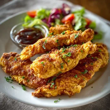 A plate of chicken tenders with a dipping sauce.