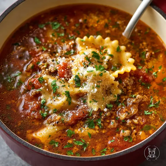 A bowl of lasagna soup with pasta and meat.