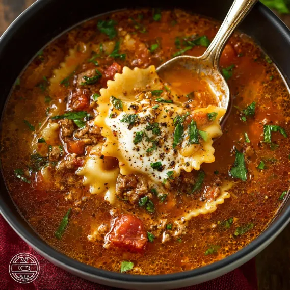 A bowl of lasagna soup with a spoon in it.
