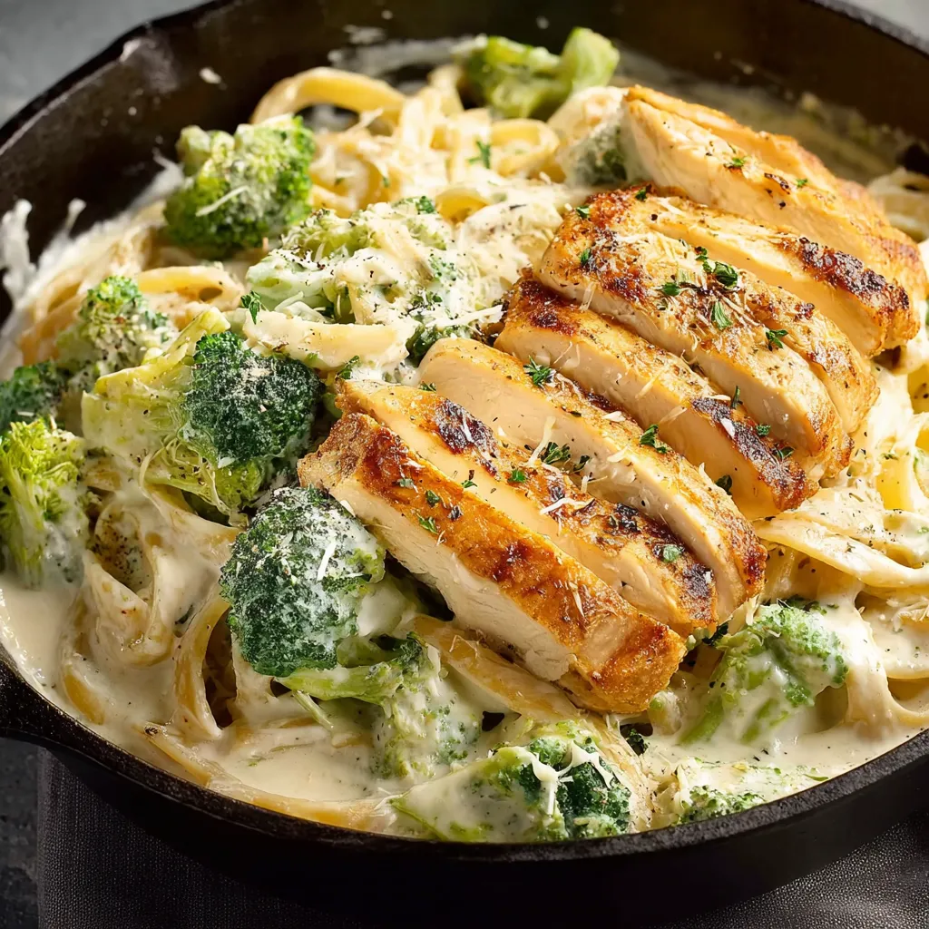 A dish of chicken and broccoli with a white sauce.