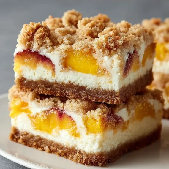 A stack of peach cobbler cheesecake bars.
