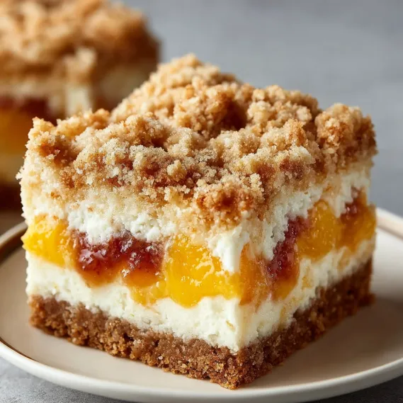 A slice of peach cobbler cheesecake bars.