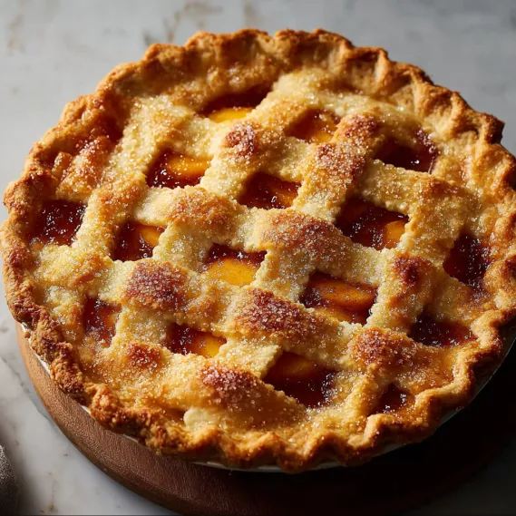 A peach pie with a golden crust.