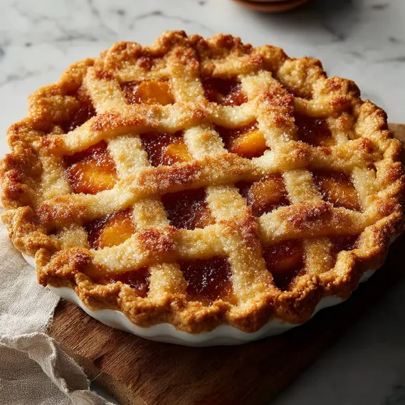 A pie with a lattice crust and a filling of peaches.