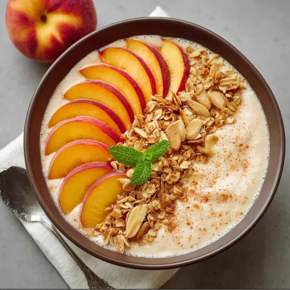 A bowl of peach smoothie with a spoon in it.