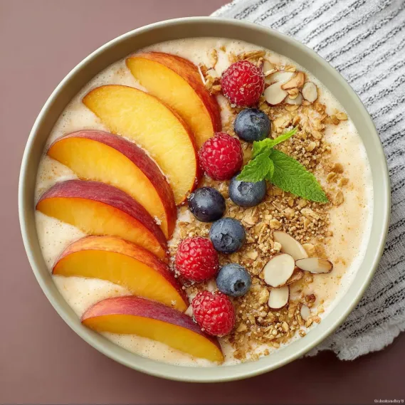 A bowl of fruit with peaches, raspberries, and blueberries.
