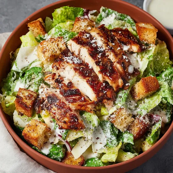 A bowl of chicken Caesar salad.