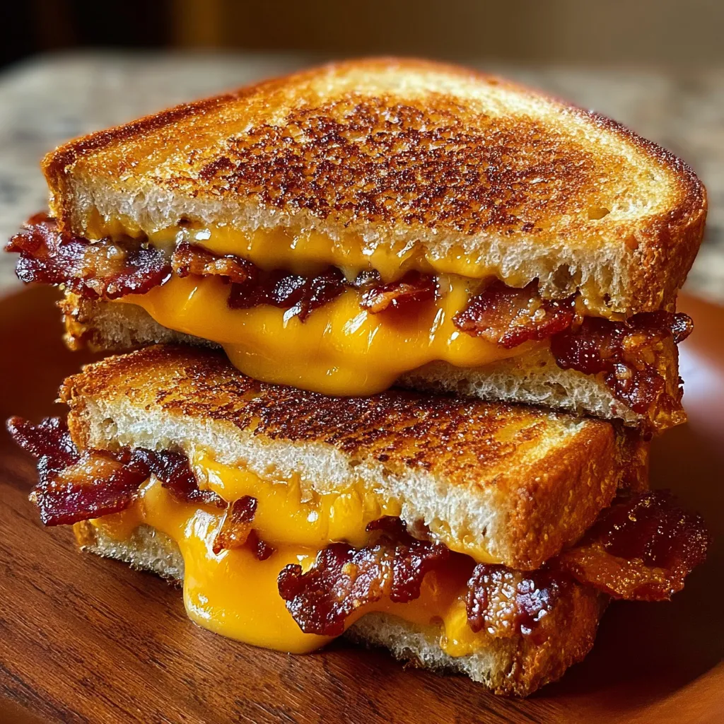 A grilled cheese sandwich with bacon and cheddar cheese.