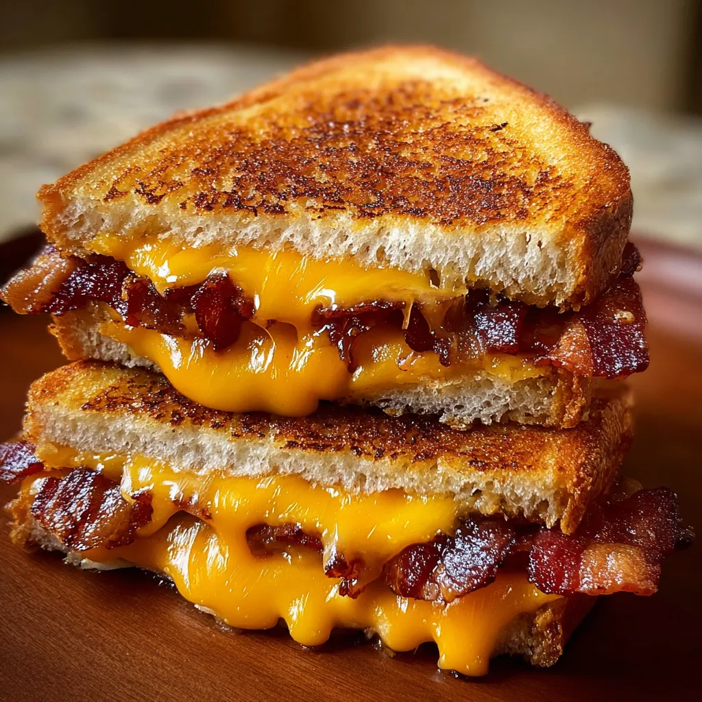 A stack of grilled cheese sandwiches with bacon.