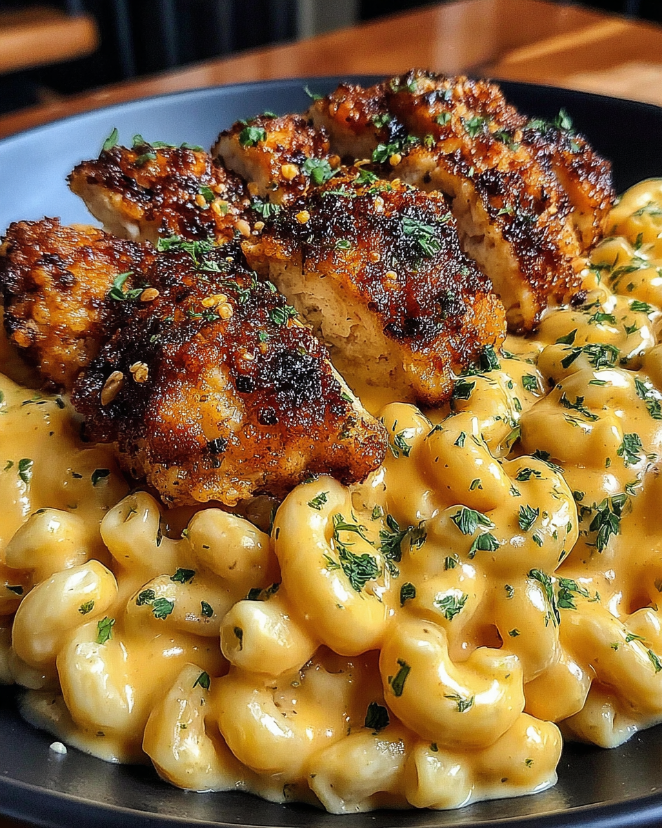 A plate of food with chicken and mac and cheese.